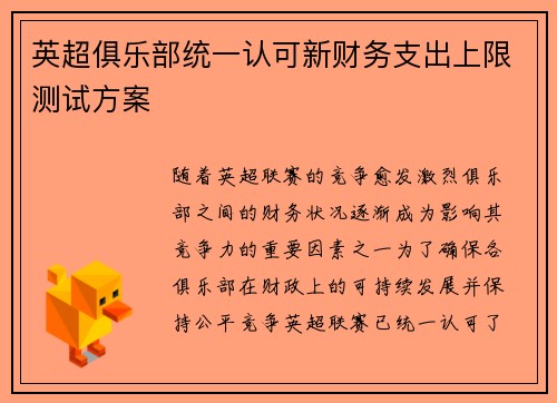 英超俱乐部统一认可新财务支出上限测试方案 英超俱乐部统一认可新财务支出上限测试方案