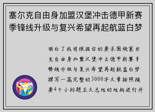 塞尔克自由身加盟汉堡冲击德甲新赛季锋线升级与复兴希望再起航蓝白梦 塞尔克自由身加盟汉堡冲击德甲新赛季锋线升级与复兴希望再起航蓝白梦